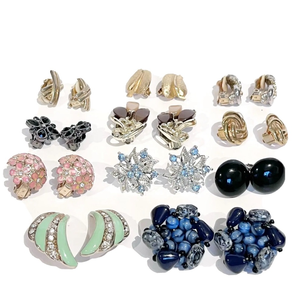 Vintage Clip On Earring Lot of 11 Pairs Rhinestone Gold Silver Blue Pink Black